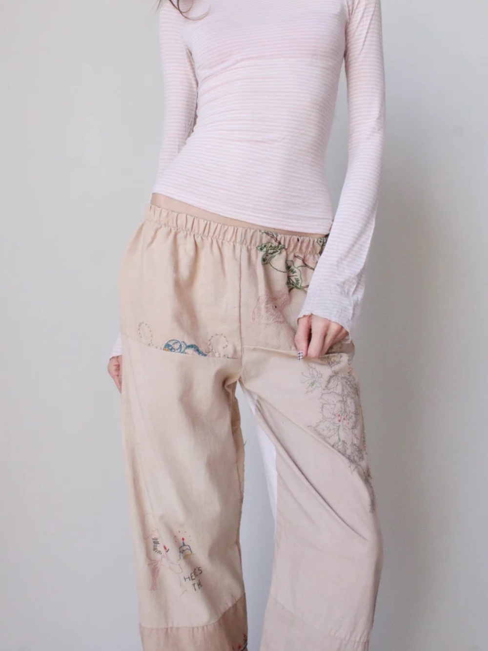 Recycled Clothing- Embroidered Wide-Leg Pants